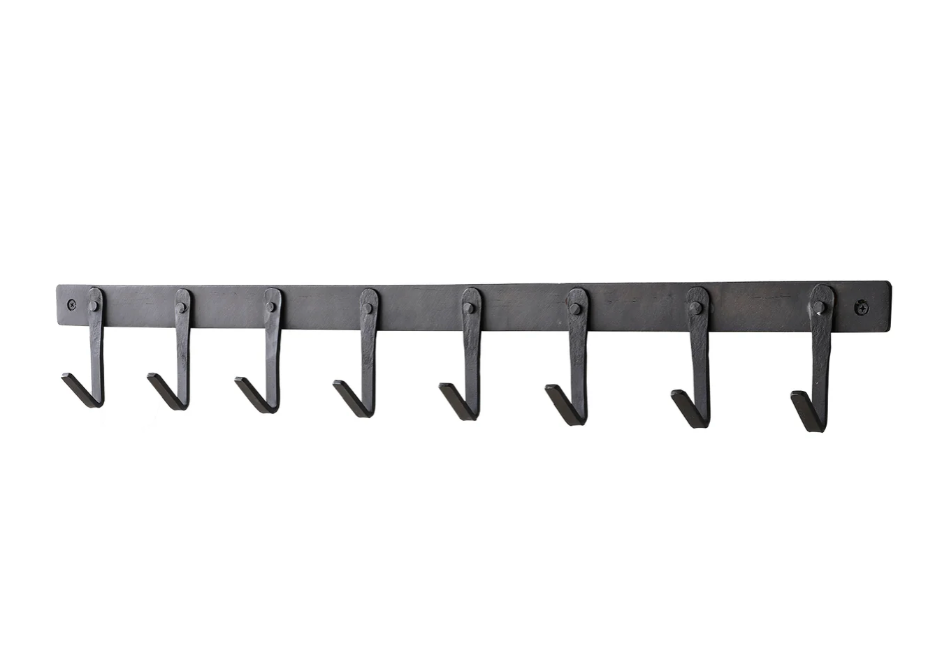 Blacksmith iron wall coat rack with a streamlined black finish and eight hooks for coats, hats, and bags.