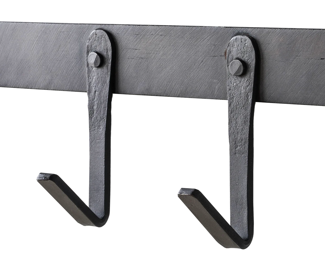 Close-up of the Blacksmith Coat Rack showing its durable iron construction and simple black finish.
