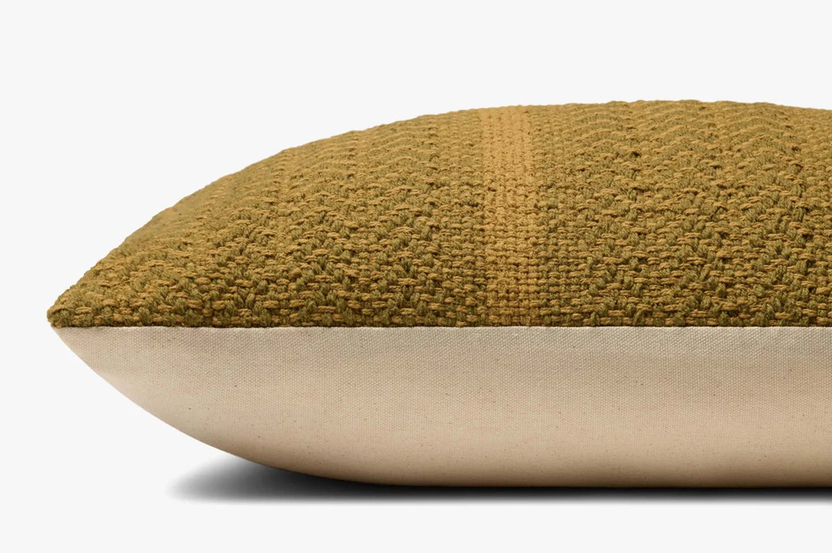 Close-up of the Blair lumbar pillow showcasing the handwoven cotton texture, knife-edge finish, and hidden zipper with antique bronze Loloi logo pull.