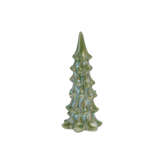 Blue and green stoneware tree with a richly varied reactive glaze and sculptural Christmas tree silhouette.