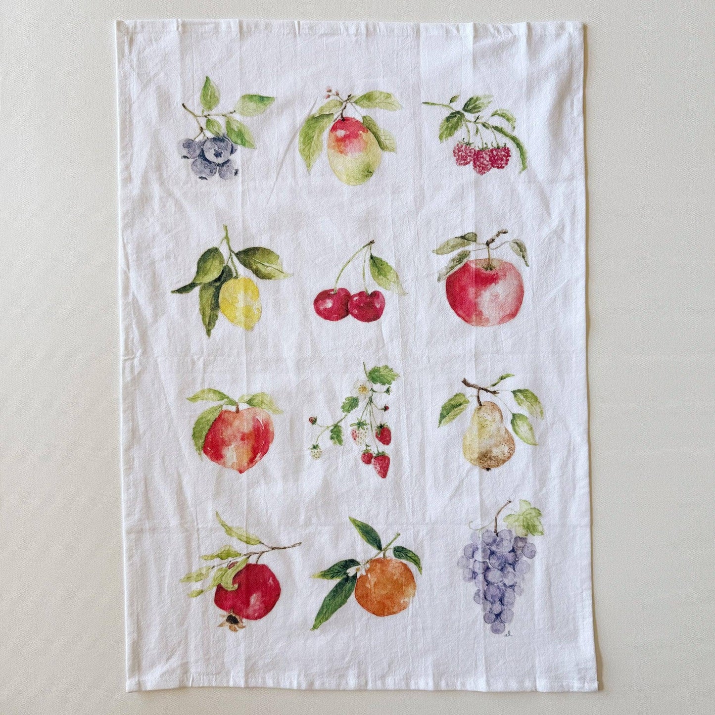 Fruit Cotton Flour Sack Tea Towel featuring original watercolor artwork by Emily Lex.