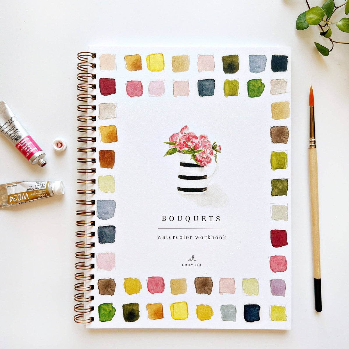 Bouquets Watercolor Workbook by Emily Lex featuring twelve beginner-friendly floral bouquet watercolor painting projects.