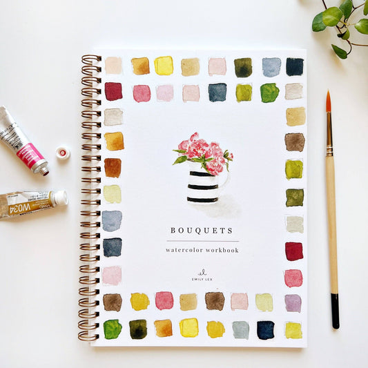 Bouquets Watercolor Workbook by Emily Lex featuring twelve beginner-friendly floral bouquet watercolor painting projects.