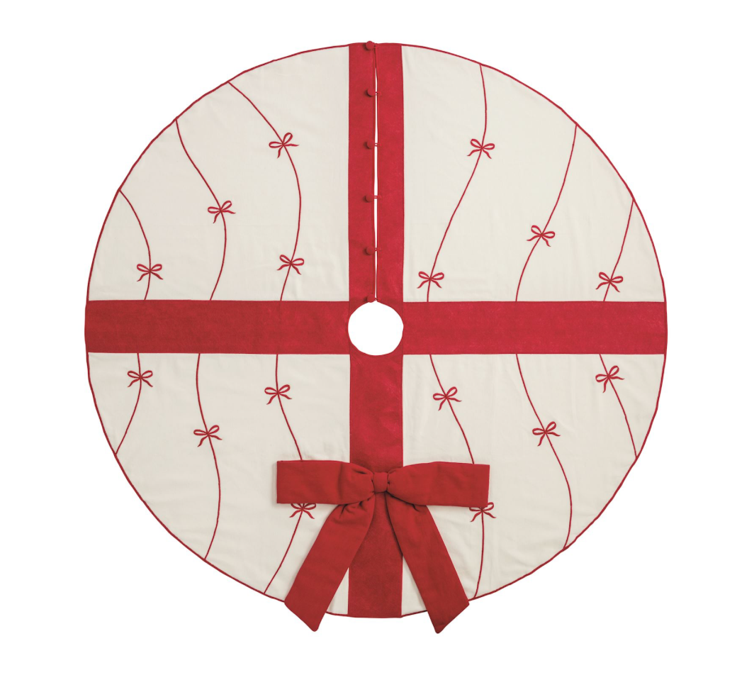 54-inch Embroidered Bow Christmas Tree Skirt with a button closure.