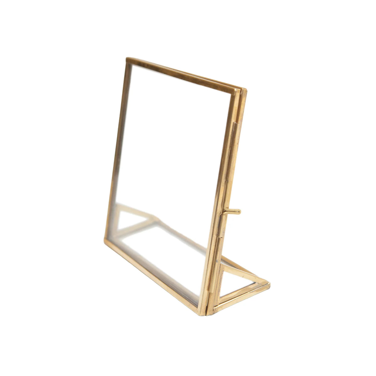 Square brass standing picture frame measuring 5 by 5 inches with a simple, vintage-inspired silhouette.
