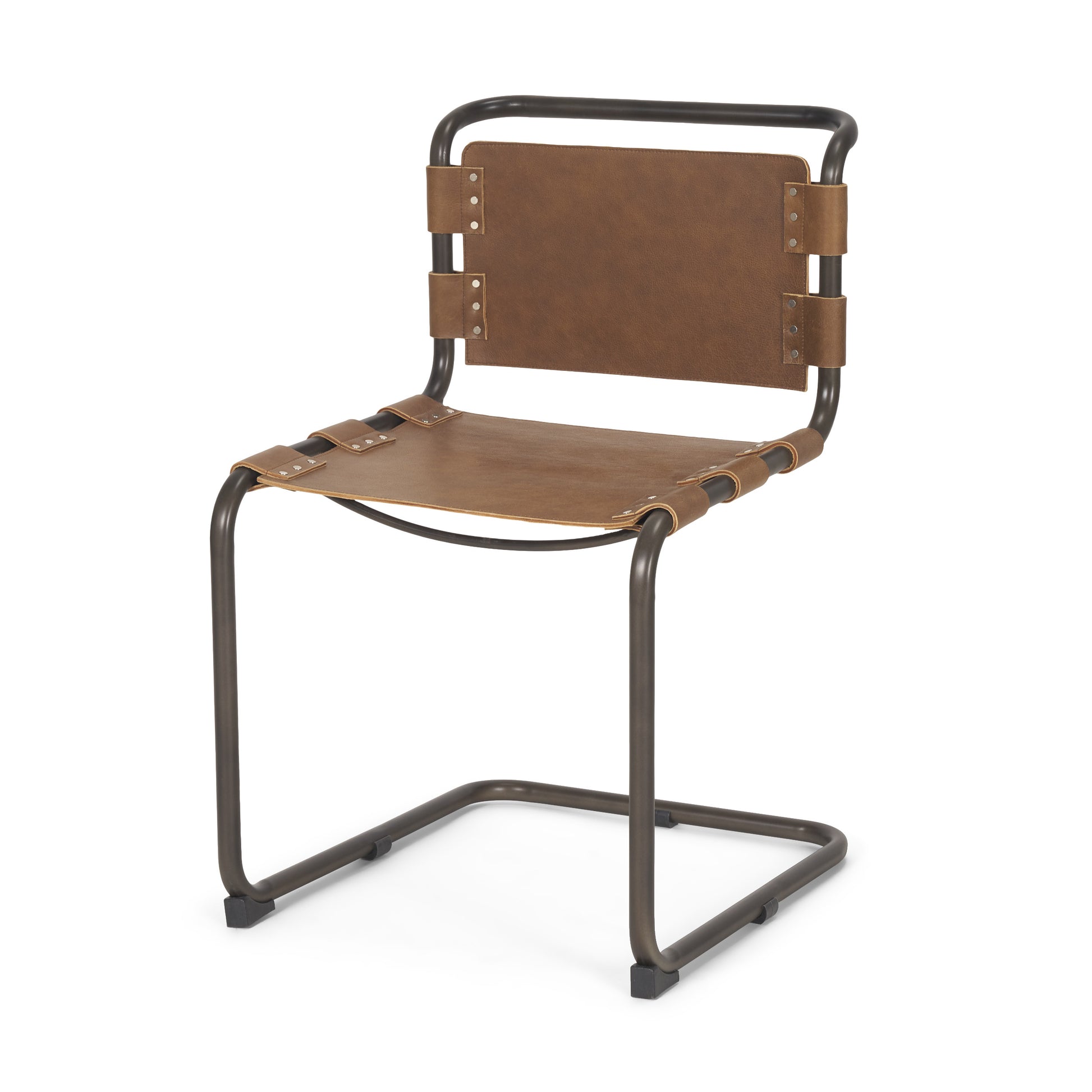 Bridger dining chair featuring a medium brown top-grain leather seat and gunmetal iron frame.