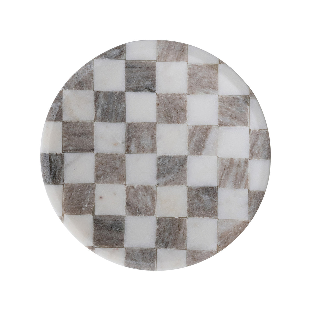 Round buff and white checkered marble serving tray crafted from naturally varied stone.