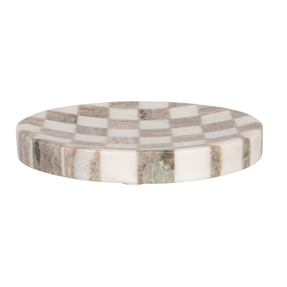 Round buff and white checkered marble serving tray crafted from naturally varied stone.