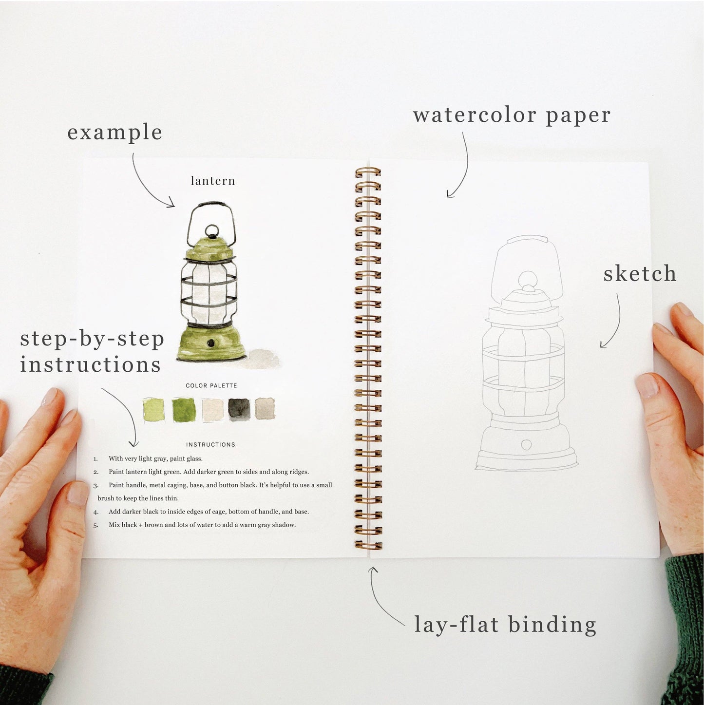 Spiral-bound watercolor workbook with lightly sketched camping-themed artwork.