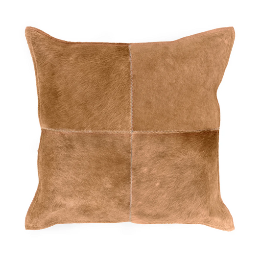 Canada Hair-on-Hide Pillow in Honey Tan featuring genuine four-panel hair-on-hide leather with rich natural texture and a soft cotton backing.