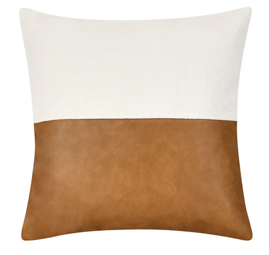 Canyon Leather & Linen Throw Pillow in Ivory and Chestnut featuring genuine leather, soft linen-cotton fabric, and a feather-blend insert.
