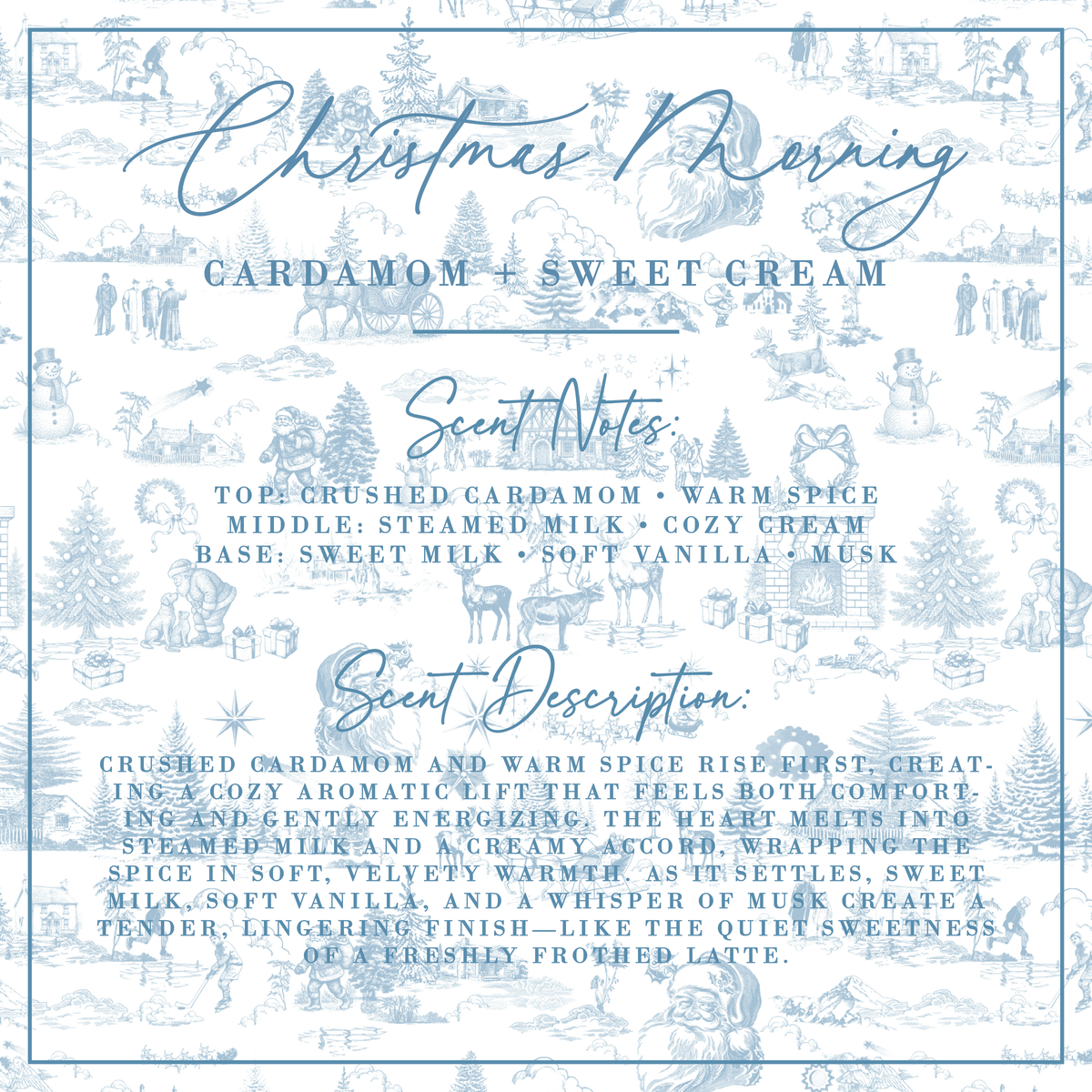 Christmas Morning Cardamom + Sweet Cream 9 oz coconut wax candle in a frosted glass jar with luxury gift-ready packaging.