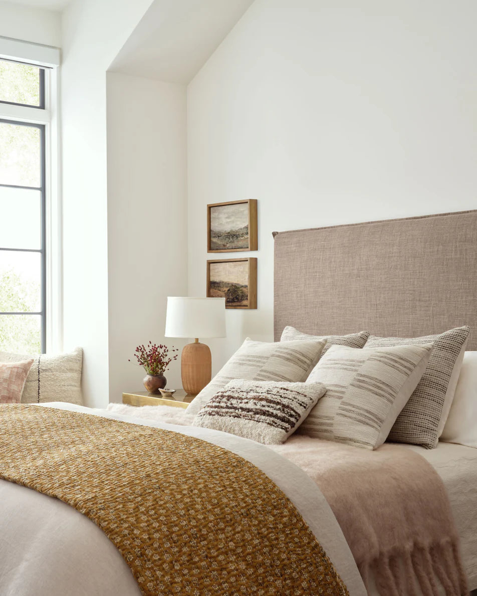 Amber Lewis × Loloi Carla handwoven throw pillow in ivory and black, 22 x 22 inches.