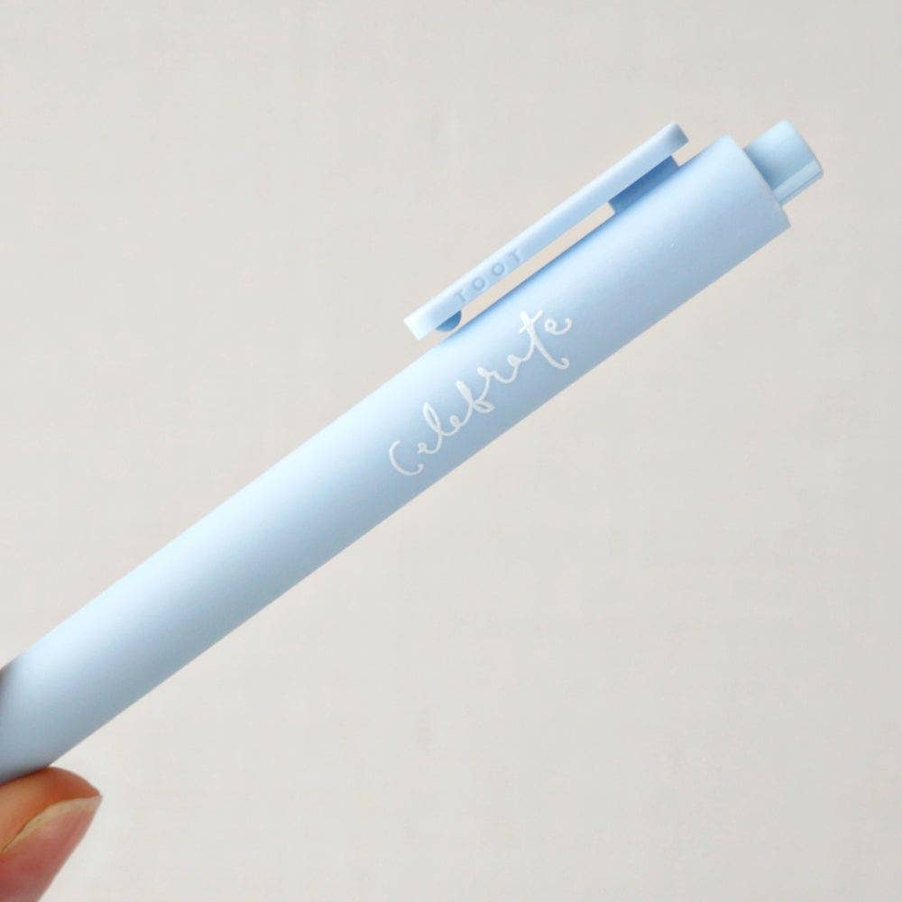 Celebrate Jotter Pen by Emily Lex with light blue finish and handwritten sentiment.
