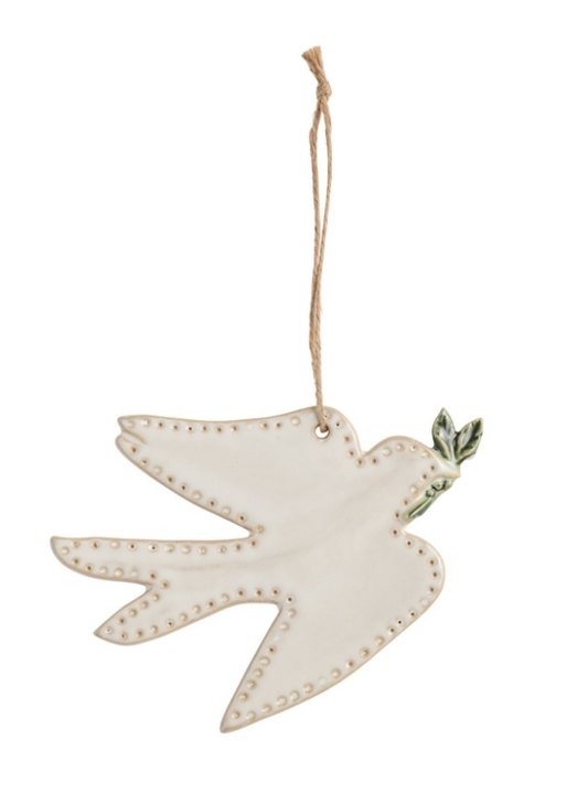 Ceramic turtle dove ornament with a white reactive glaze finish.