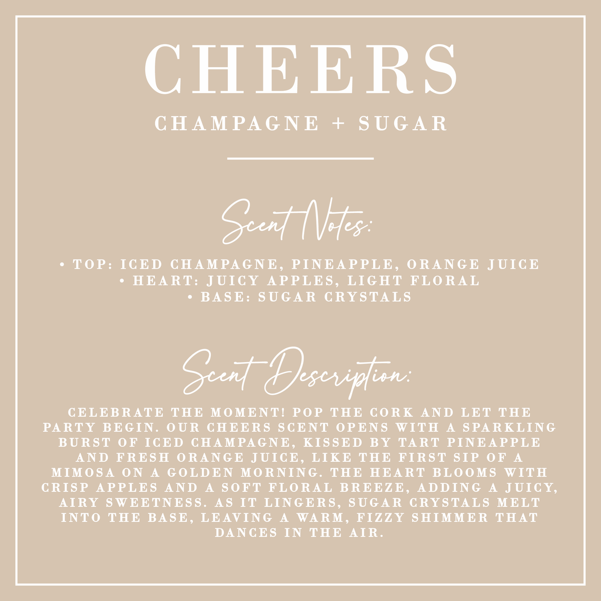 Cheers Champagne + Sugar 9 oz coconut wax candle in a frosted glass jar with clean-burning cotton wick and luxury gift-ready packaging.