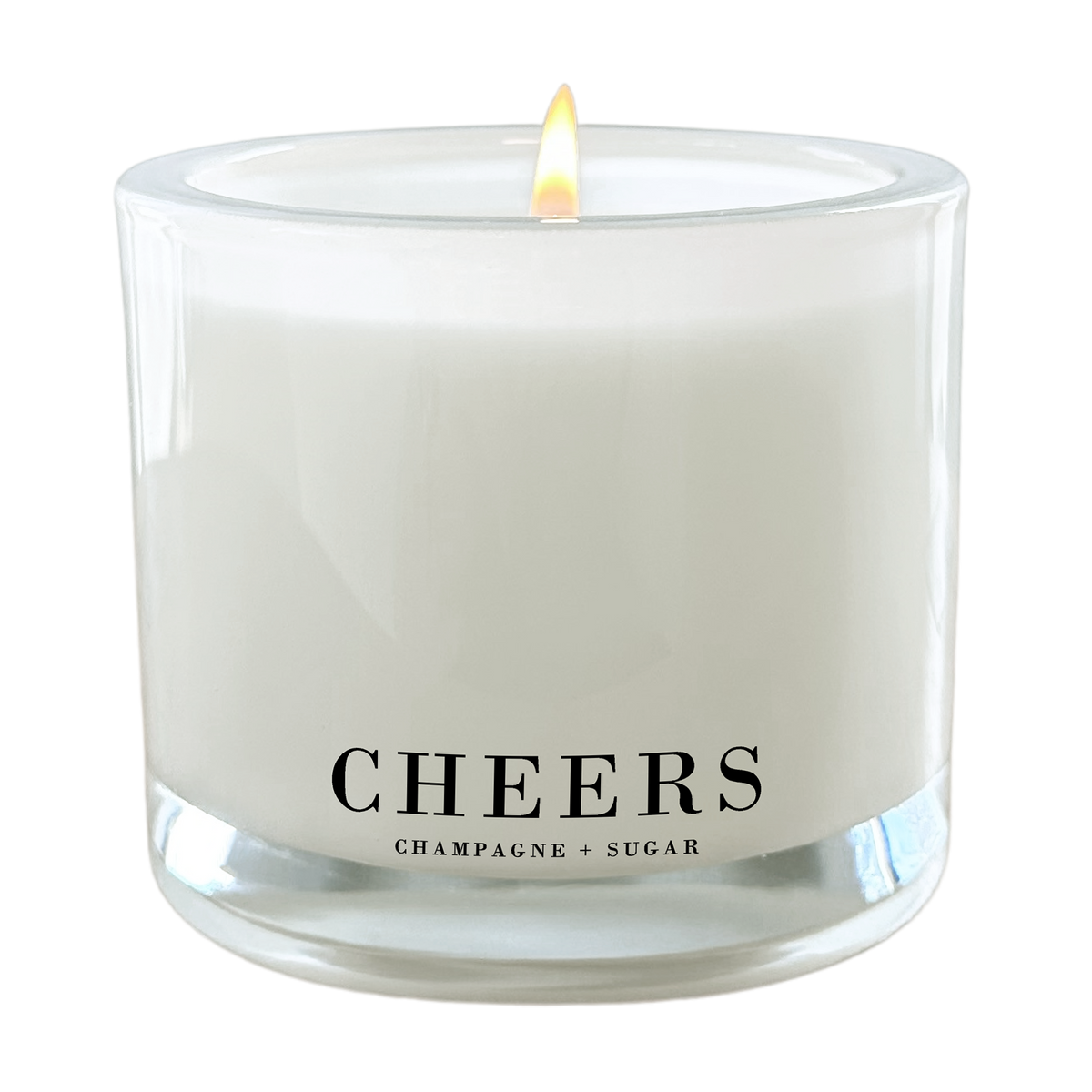 Cheers Champagne + Sugar 9 oz coconut wax candle in a frosted glass jar with clean-burning cotton wick and luxury gift-ready packaging.
