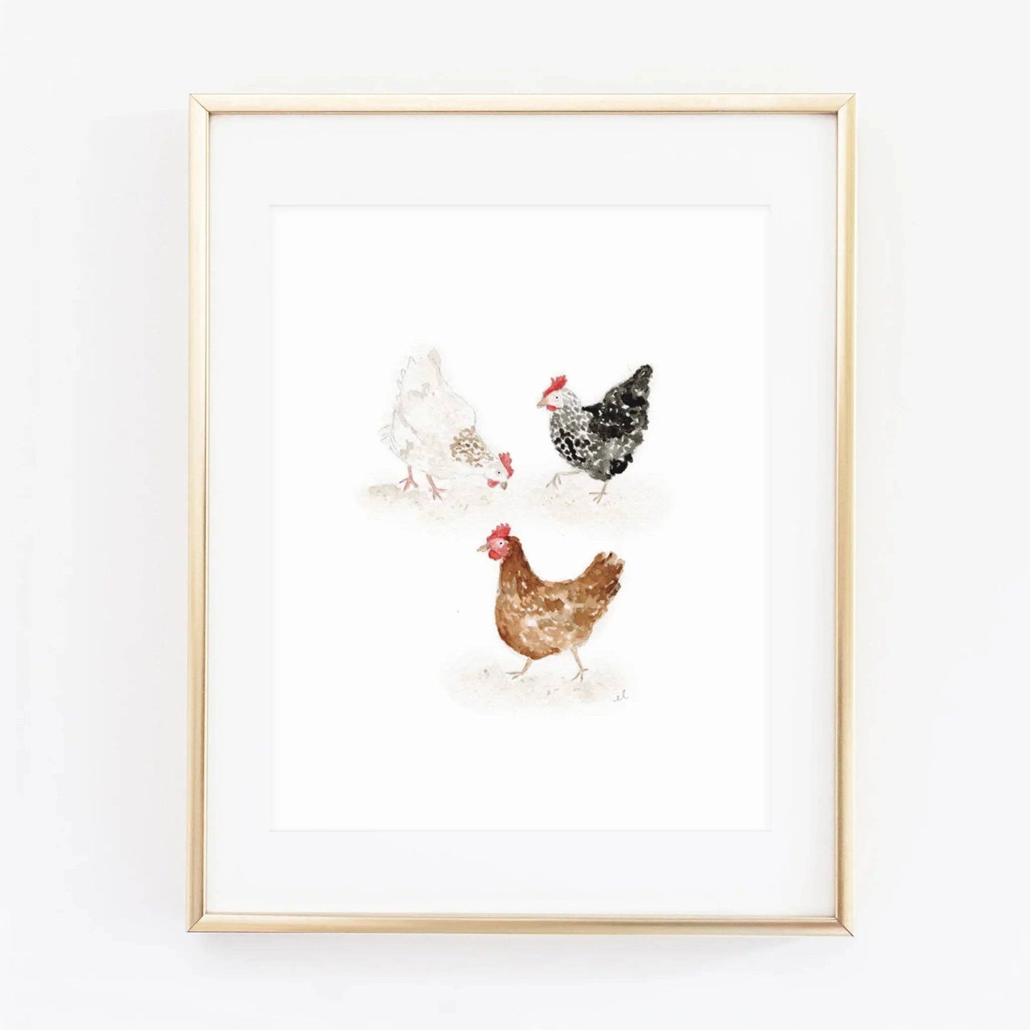 Chickens Watercolor Art Print by Emily Lex featuring an original watercolor painting of charming farm chickens.