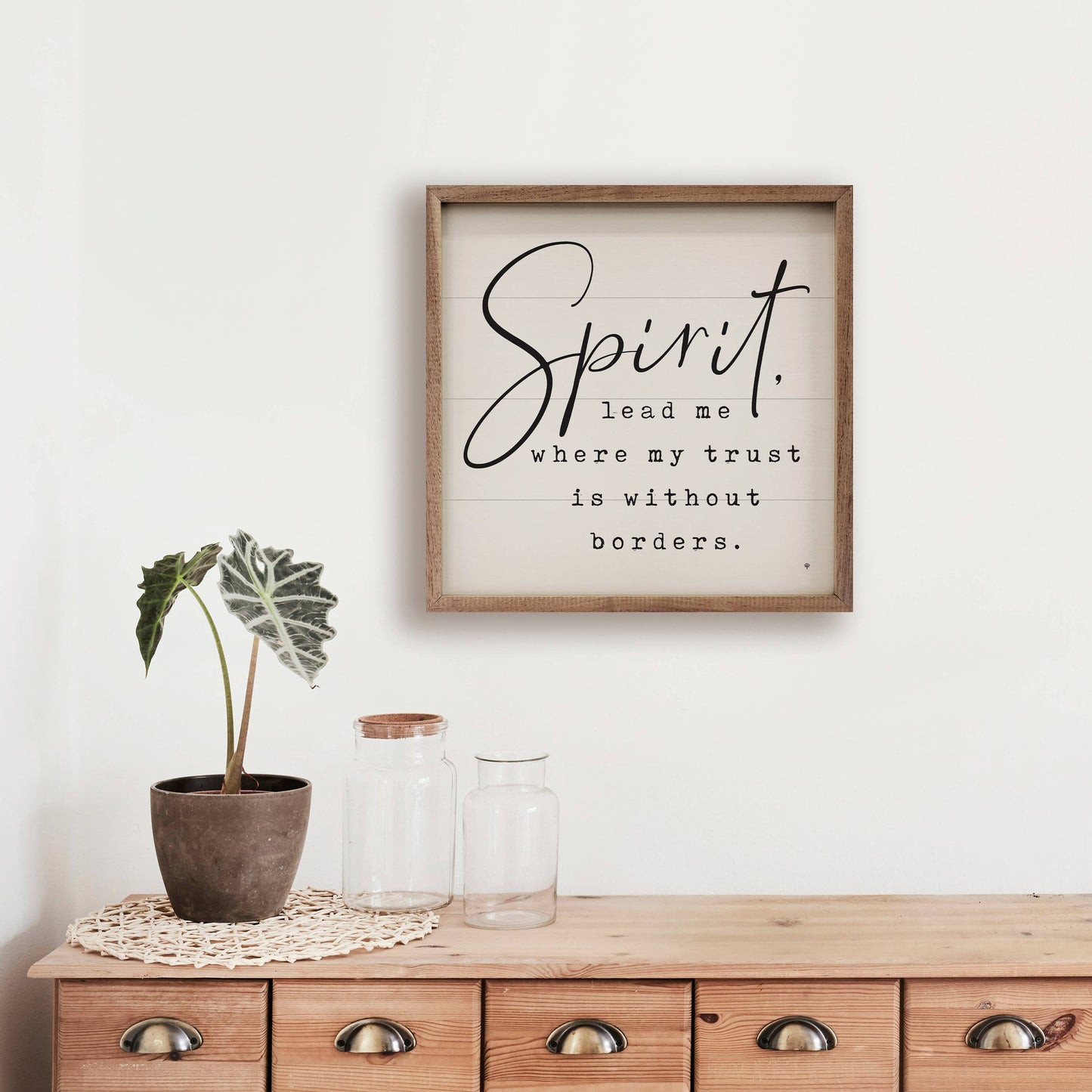 Spirit Lead Me Without Borders framed wood wall art featuring a white hand-painted finish, inspirational faith message, and natural walnut frame.