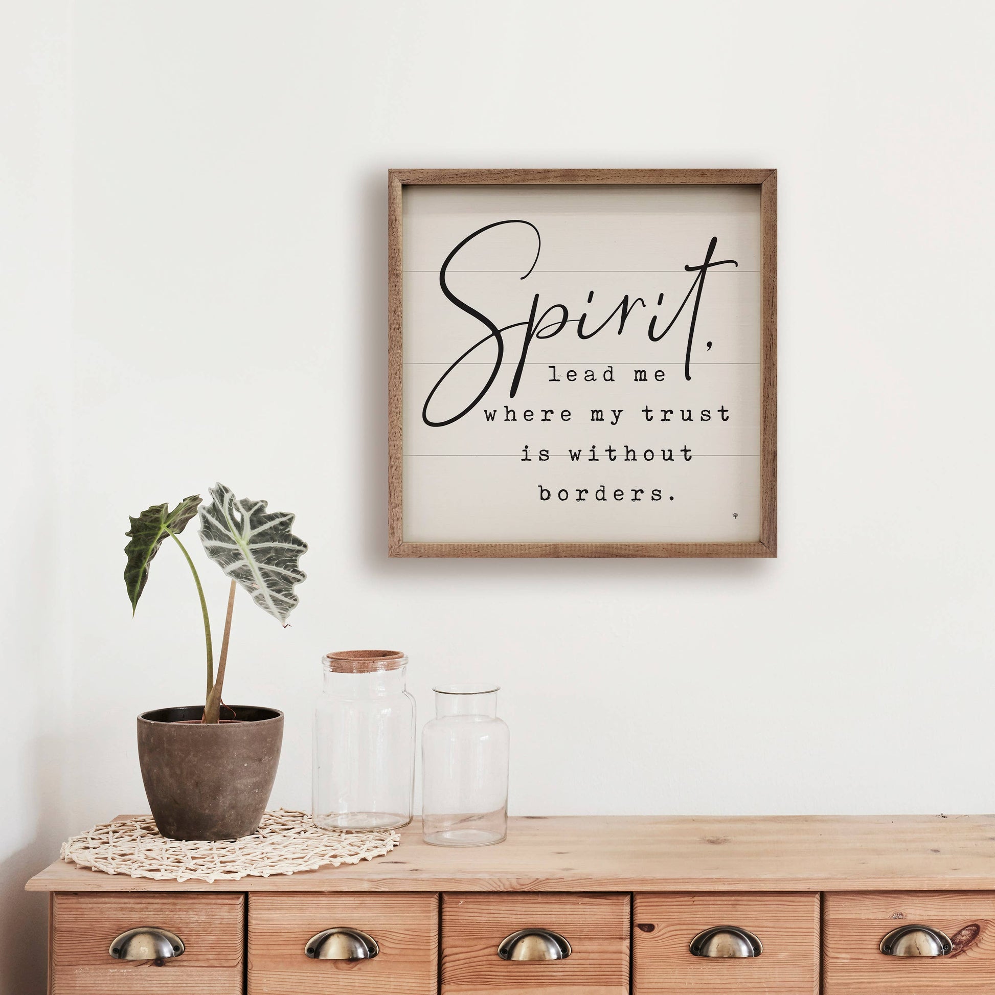 Spirit Lead Me Without Borders framed wood wall art featuring a white hand-painted finish, inspirational faith message, and natural walnut frame.