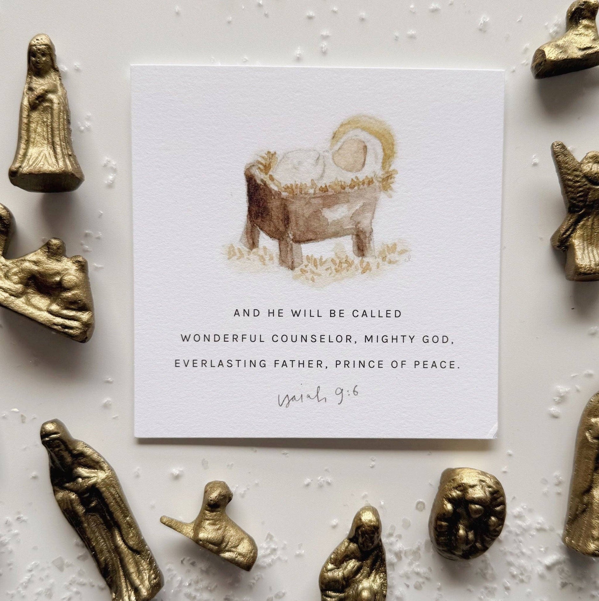 Close-up of Christmas Scripture cards printed on premium 120 lb cotton eggshell textured paper with original watercolor artwork and encouraging Bible verses.