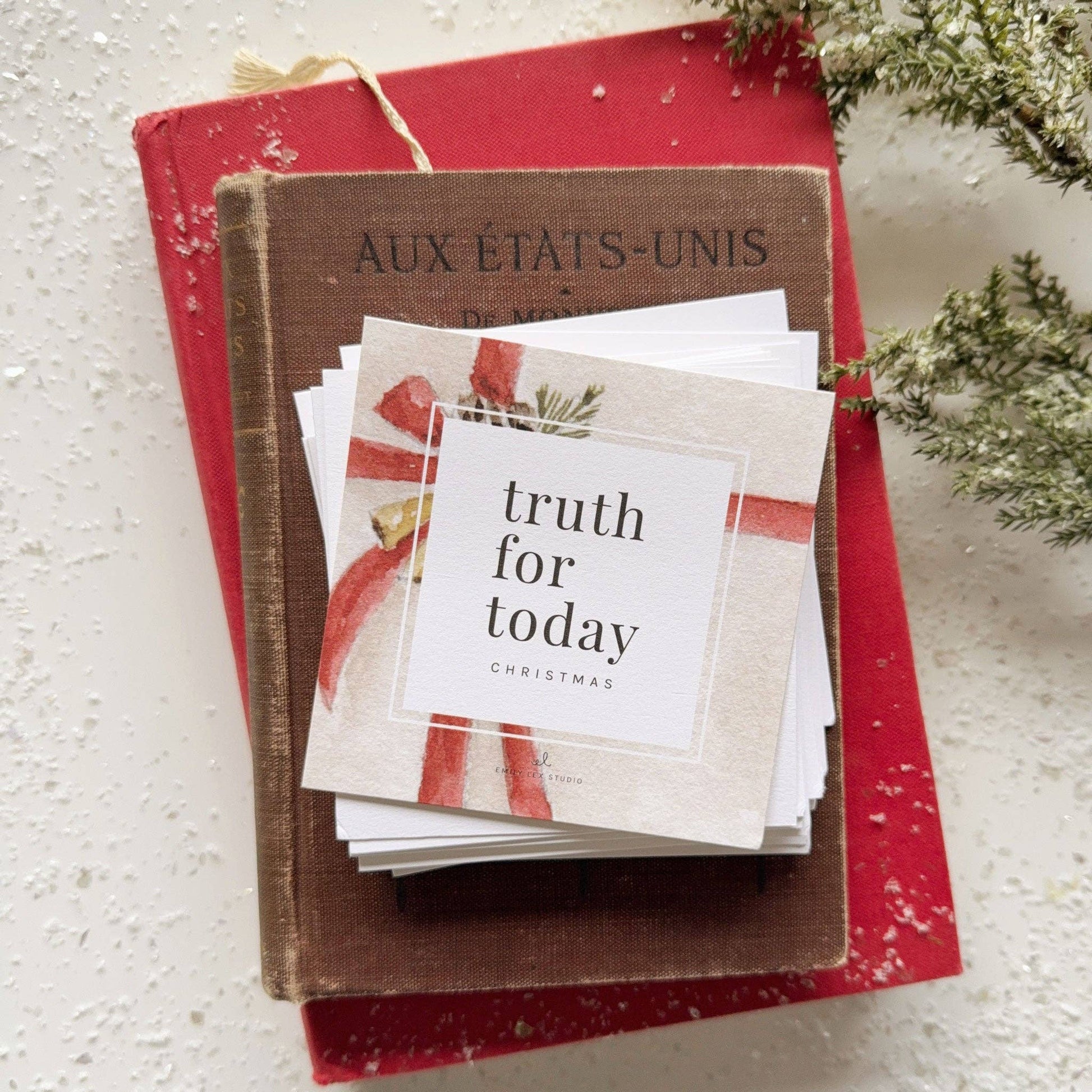 Christmas Gift Truth for Today Scripture Card Set by Emily Lex featuring 31 illustrated Bible verse cards designed for Advent and the Christmas season.