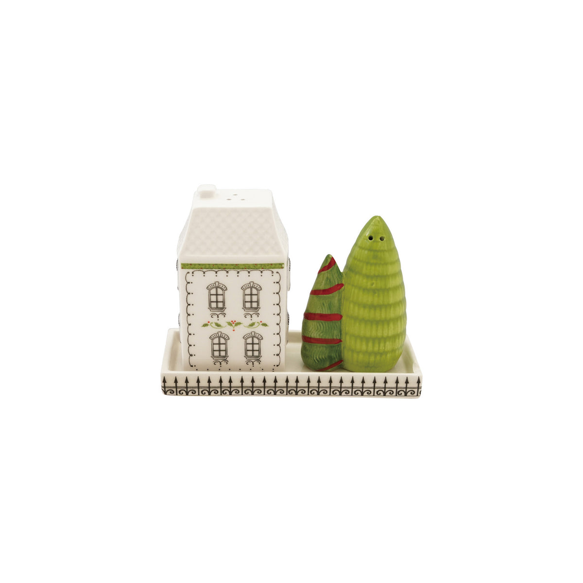 Ceramic Christmas house and trees salt and pepper shaker set with a coordinating tray in white, green, and red.