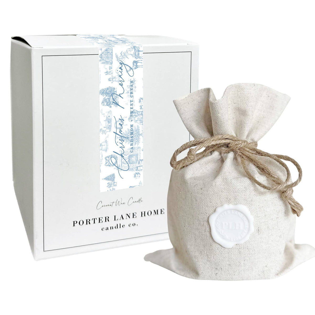 Christmas Morning Cardamom + Sweet Cream 9 oz coconut wax candle in a frosted glass jar with luxury gift-ready packaging.