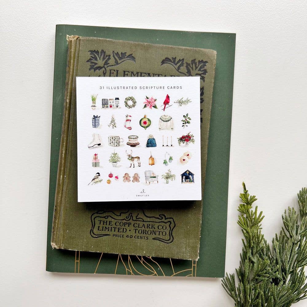 Christmas Truth for Today Scripture Card Set by Emily Lex featuring 31 beautifully illustrated Bible verse cards for the Advent season.