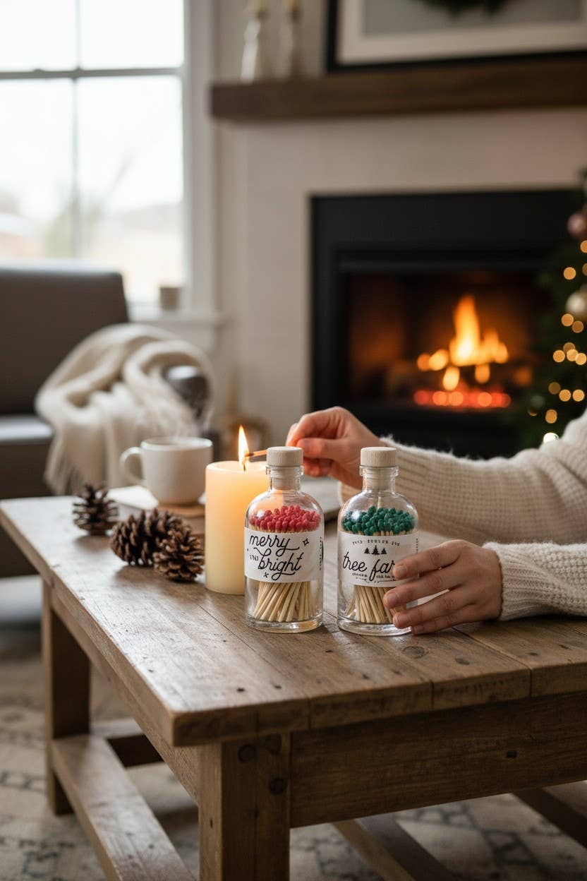Front view of Christmas Tree Farm apothecary match jar featuring a nostalgic holiday label.