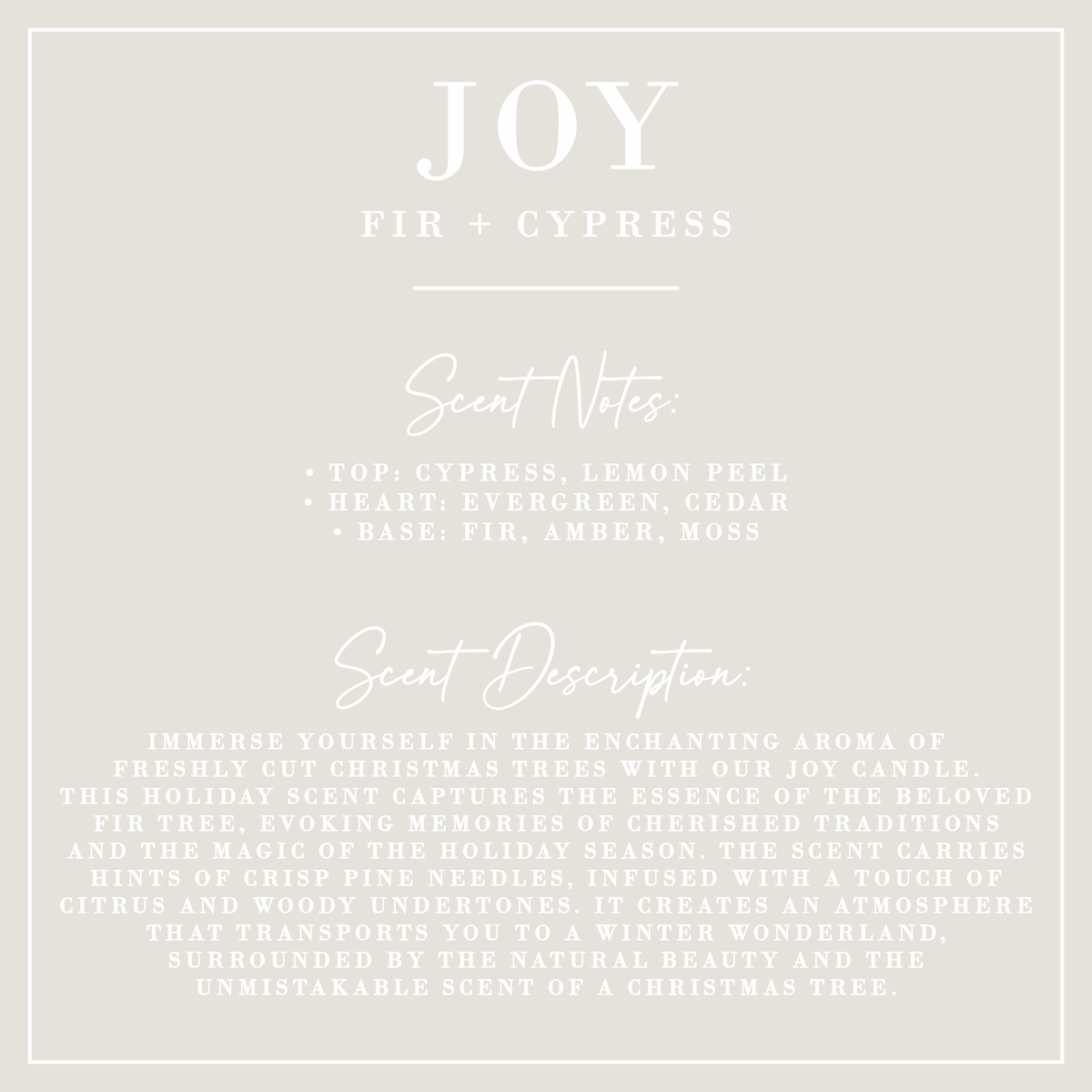 Joy Fir + Cypress 9 oz coconut wax candle in a frosted glass jar featuring the fresh scent of evergreen, fir, cedar, and cypress.