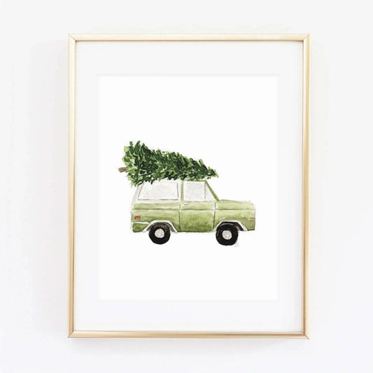 Christmas Tree Truck Watercolor Art Print by Emily Lex featuring a vintage truck carrying a freshly cut evergreen tree.