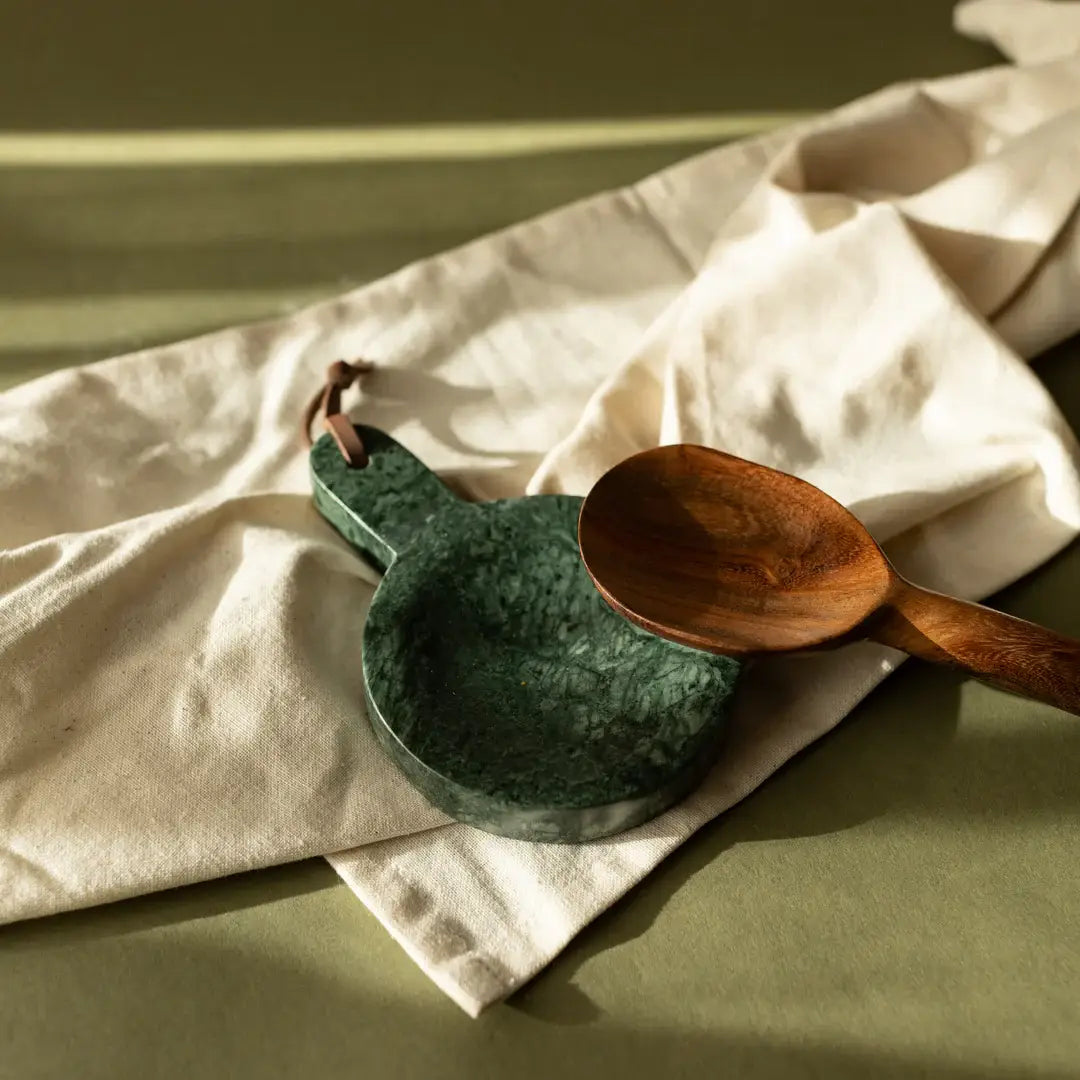 Cillian dark green marble spoon rest crafted from genuine Spider Green marble with natural veining.
