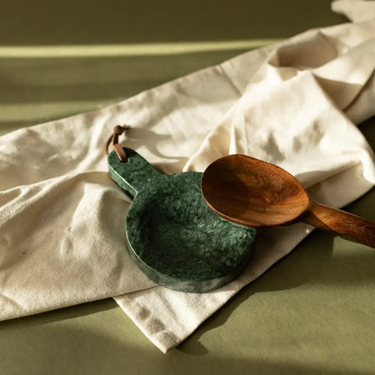 Cillian dark green marble spoon rest crafted from genuine Spider Green marble with natural veining.
