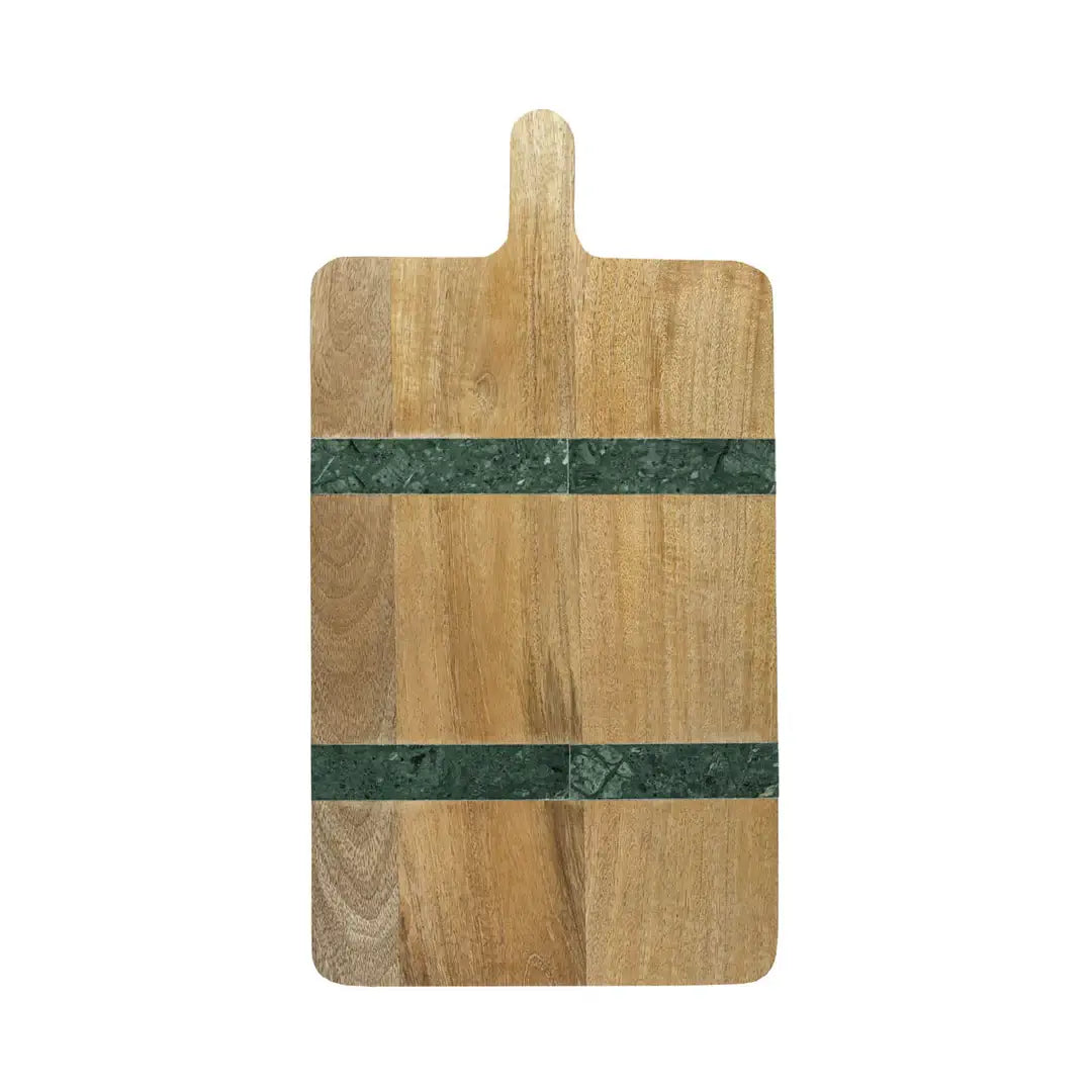 Cillian serving board crafted from sustainable mango wood with a genuine Spider Green marble inlay.