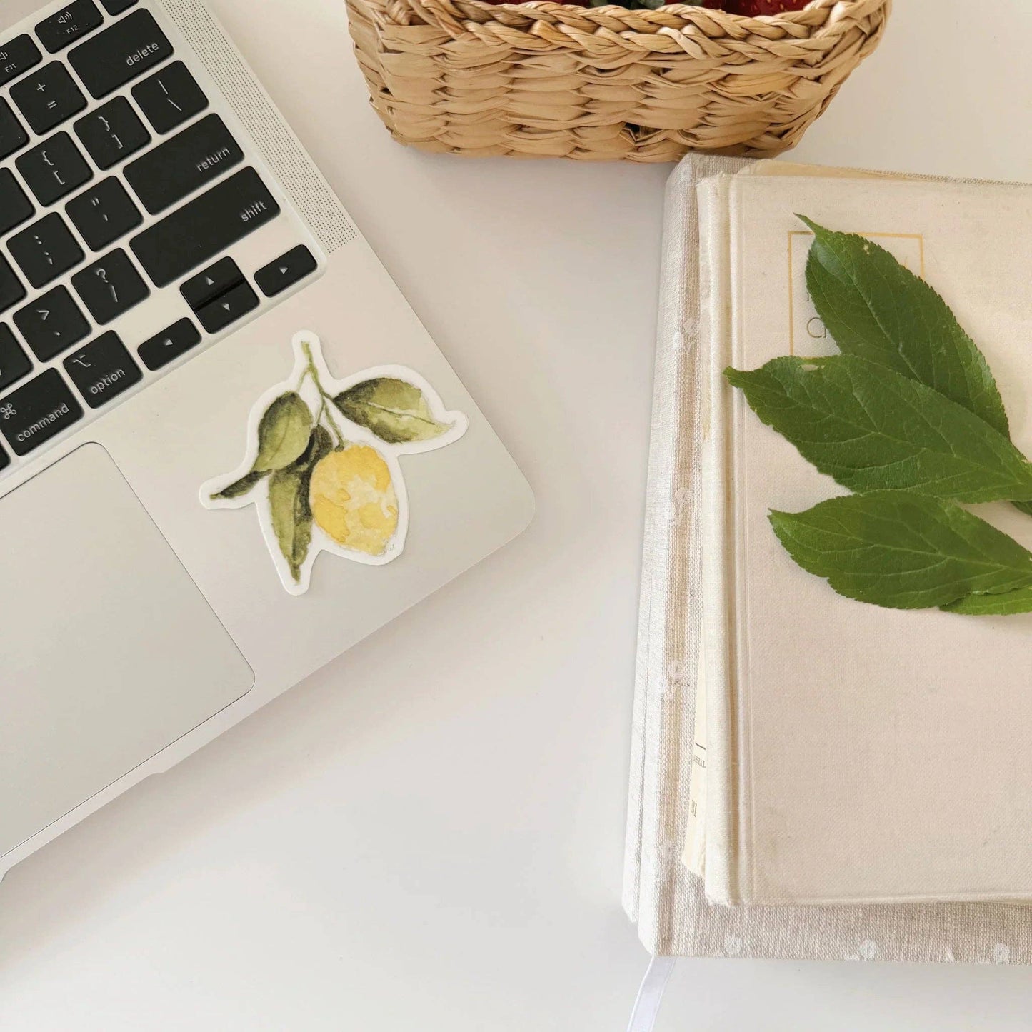 Watercolor illustration of a fresh lemon printed on a durable vinyl sticker.