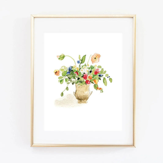 Colorful Bouquet Watercolor Art Print by Emily Lex featuring an original botanical watercolor illustration of a vibrant hand-tied floral bouquet.