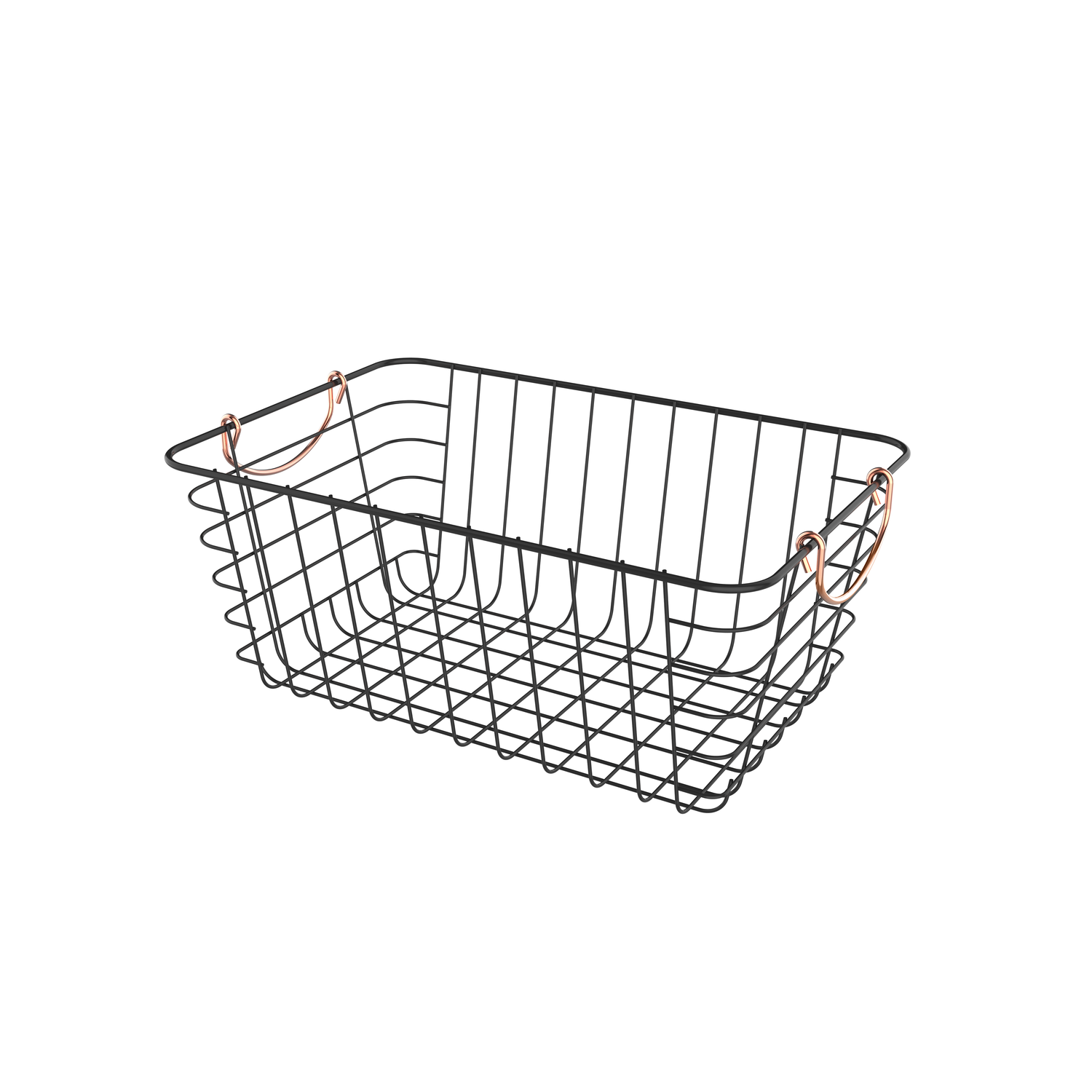 Black wire basket with copper handles on a white background