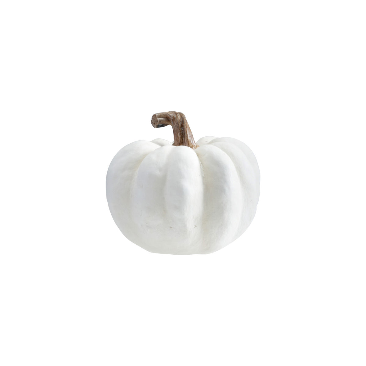 Cream resin decorative pumpkin with sculpted ridges, a matte finish, and contrasting brown stem.