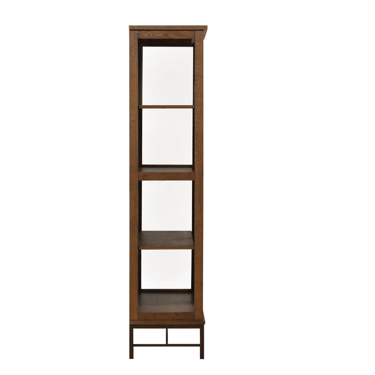 Hawthorne tall oak display cabinet in dark brown with glass-paneled doors and sides and a bronze-finished iron base.