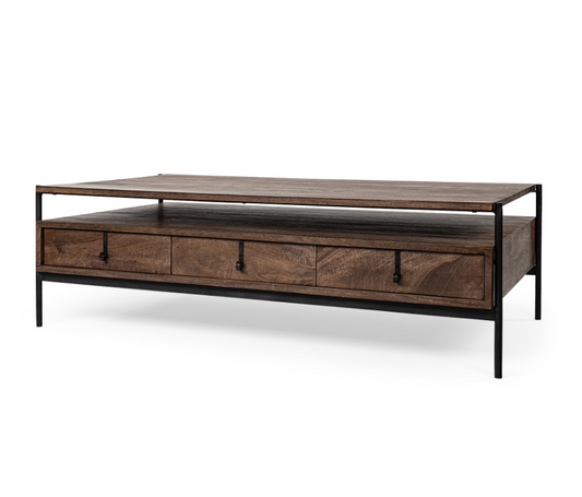 Dark brown wood and black iron three-drawer coffee table with decorative curved ironwork, measuring 55.8 inches long.