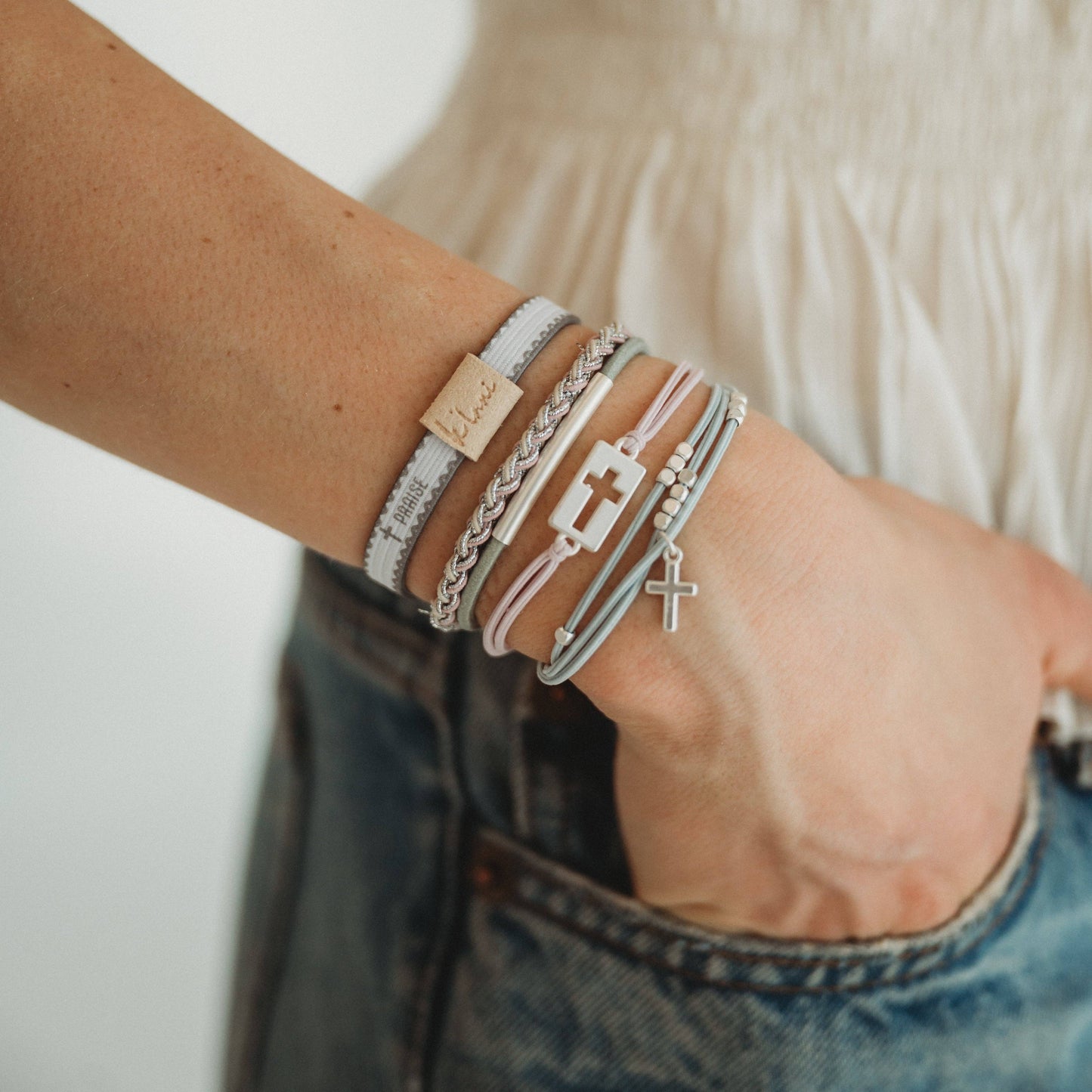 "Praise" Silver Cross with muted Pastels Hair Tie Bracelets: Medium