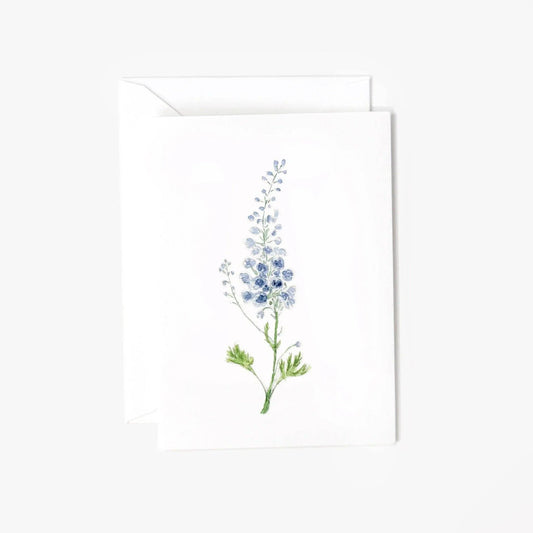 Delphinium Stem Mini Enclosure Card featuring original watercolor artwork by Emily Lex.