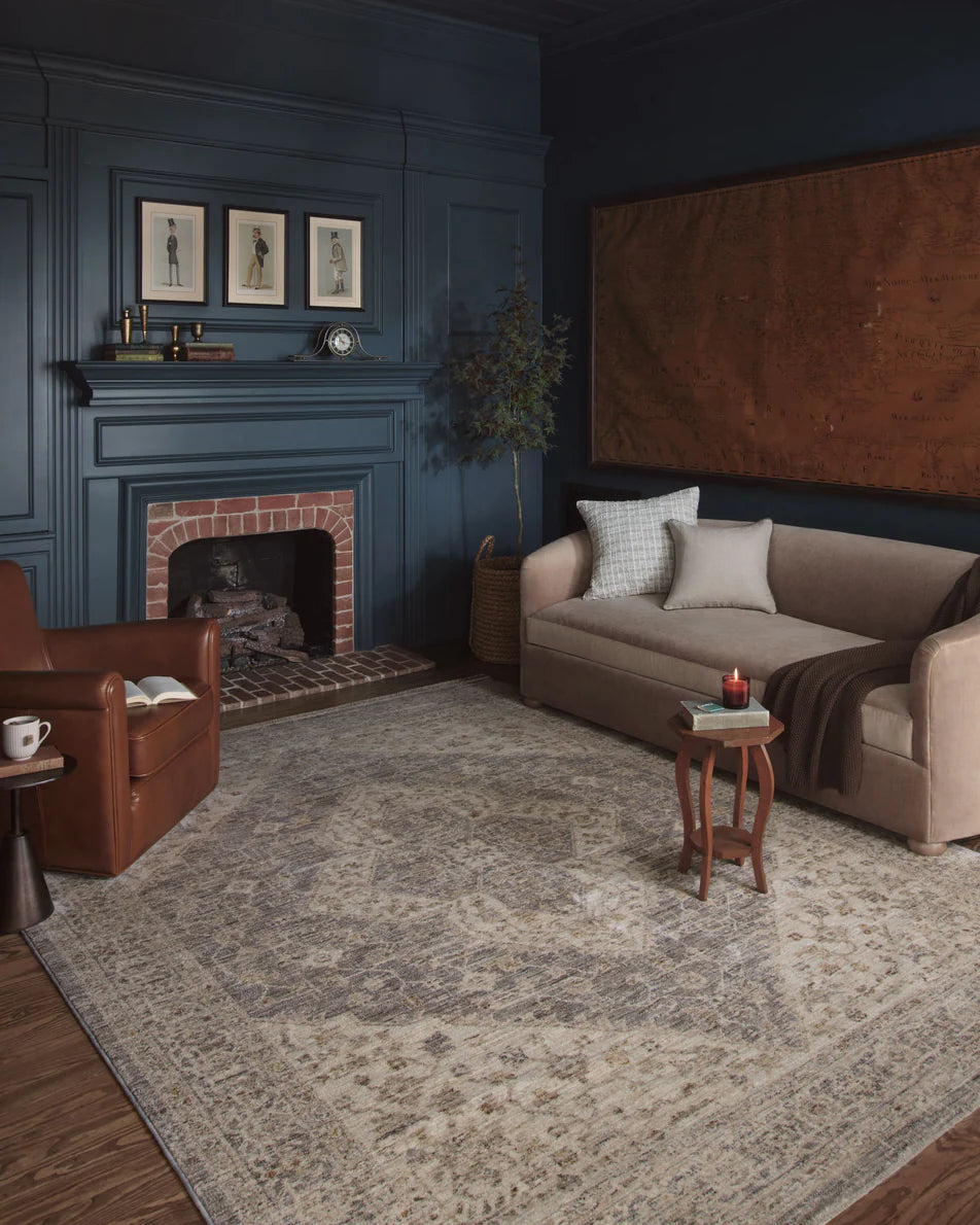 Magnolia Home Junie Rug in Denim and Natural featuring antique-inspired motifs and rich tonal variation.