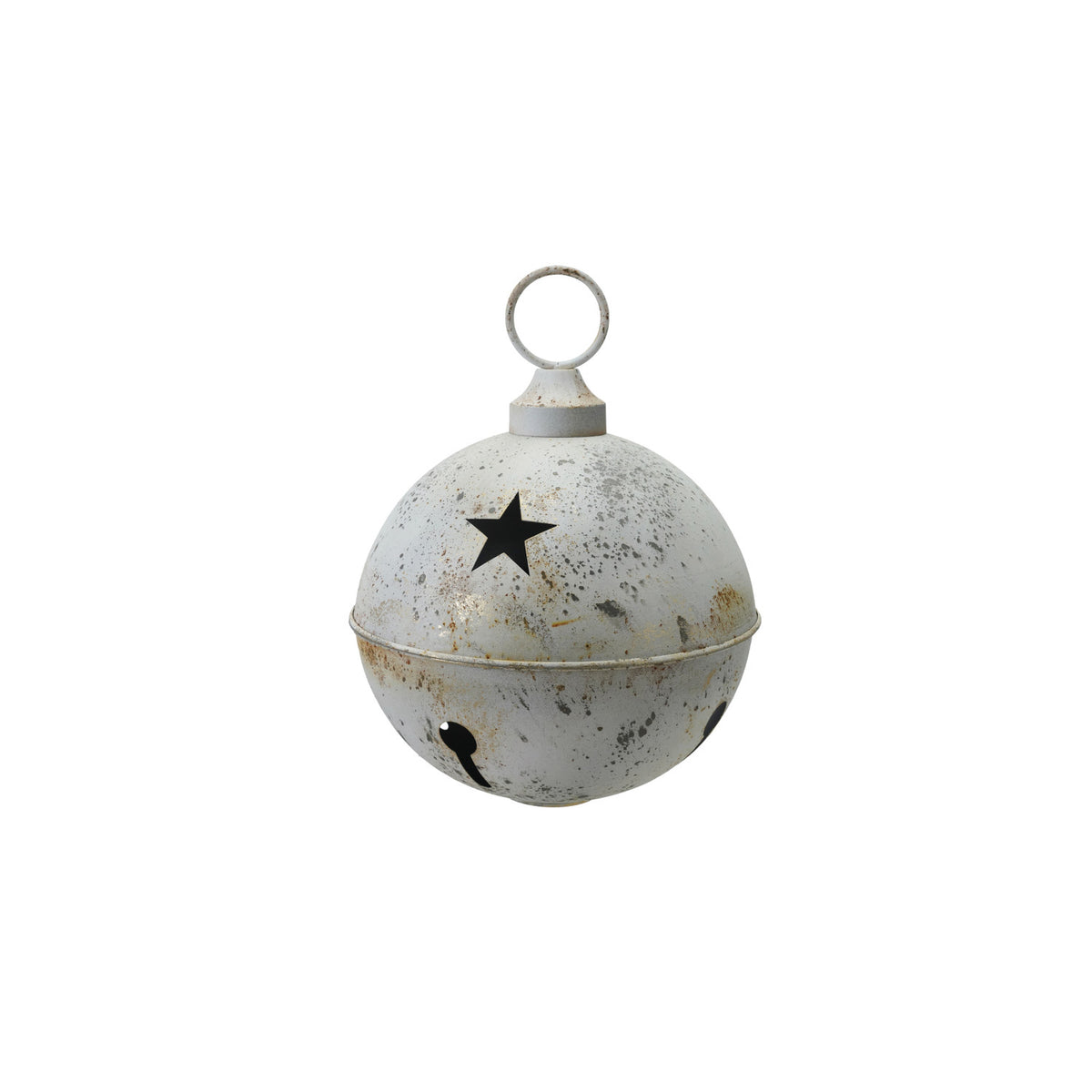 Large oversized white metal Christmas bell with star cutouts and a distressed aged finish.