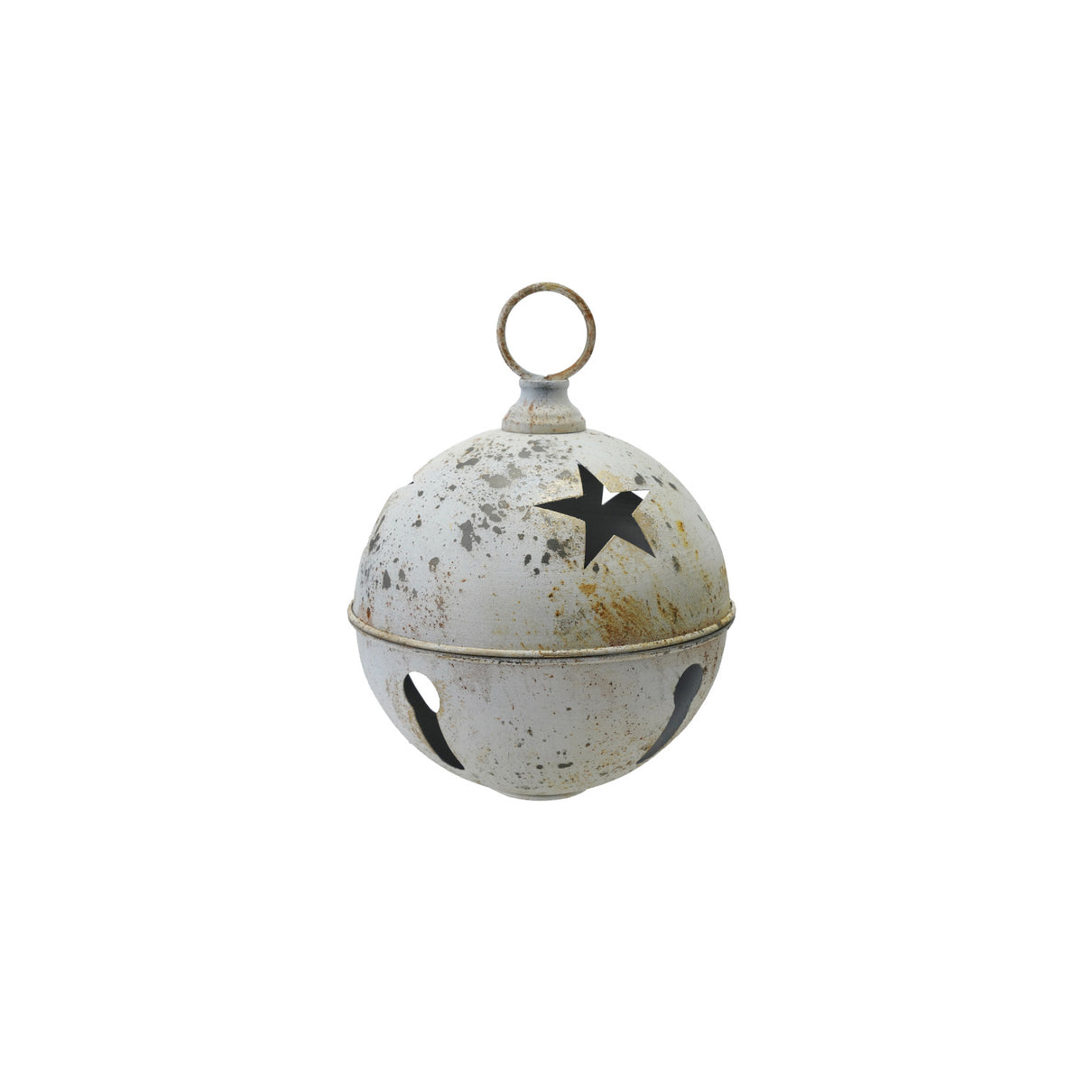 Small distressed white metal bell with star cutouts and a vintage-inspired timeworn finish.