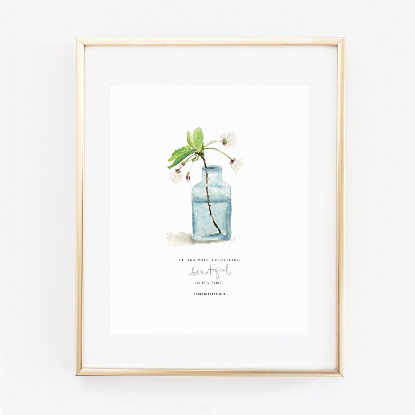 Ecclesiastes 3:11 Cherry Blossom Scripture Art Print by Emily Lex featuring an original watercolor illustration and the Bible verse, "He has made everything beautiful in its time."