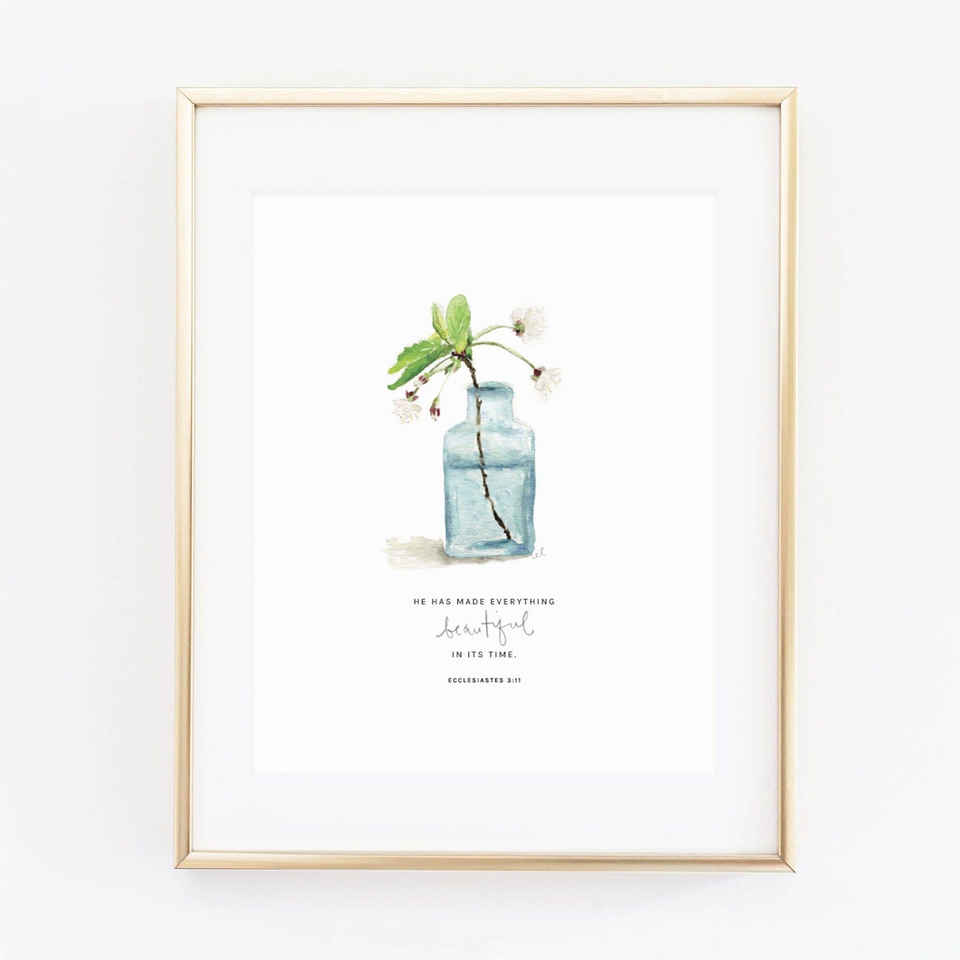Ecclesiastes 3:11 Cherry Blossom Scripture Art Print by Emily Lex featuring an original watercolor illustration and the Bible verse, "He has made everything beautiful in its time."