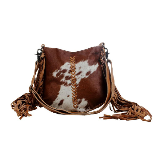 Western hairon leather fringe crossbody bag in brown and ivory cowhide