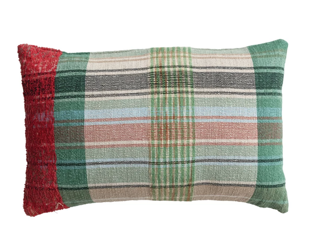 Multicolored plaid lumbar pillow woven from a New Zealand wool blend with embroidered detailing.